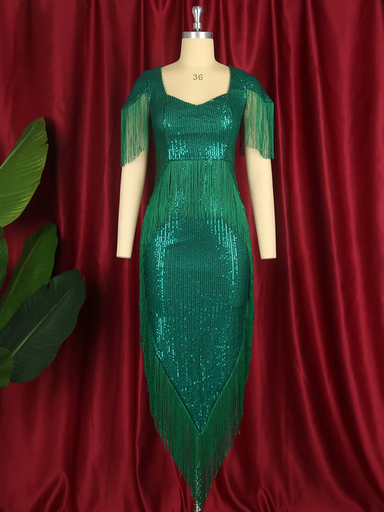 2022 Women Elegant Prom Dress Sexy Sequin Tassels Short Sleeve Luxury Irregular Tunics Party Evening Plus Size Dresses