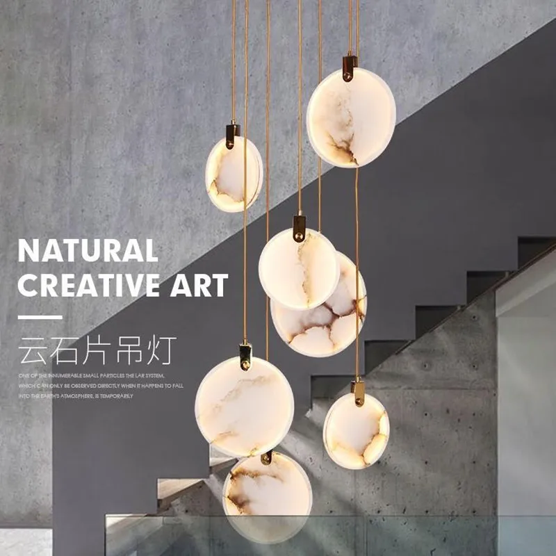 

Modern Long Pendant Lights Luxury Staircase Marble Crystal Hanging Lamp Living Room Decoration Stone Led Villa Lighting Fixture
