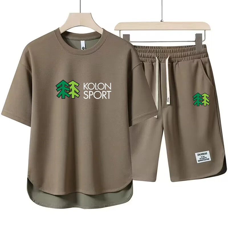 Summer New Men's 2-Piece T-shirt +Shorts Set Fashion Ventilate Printing Loose Harajuku Style Street Apparel Casual Golf Sportswe