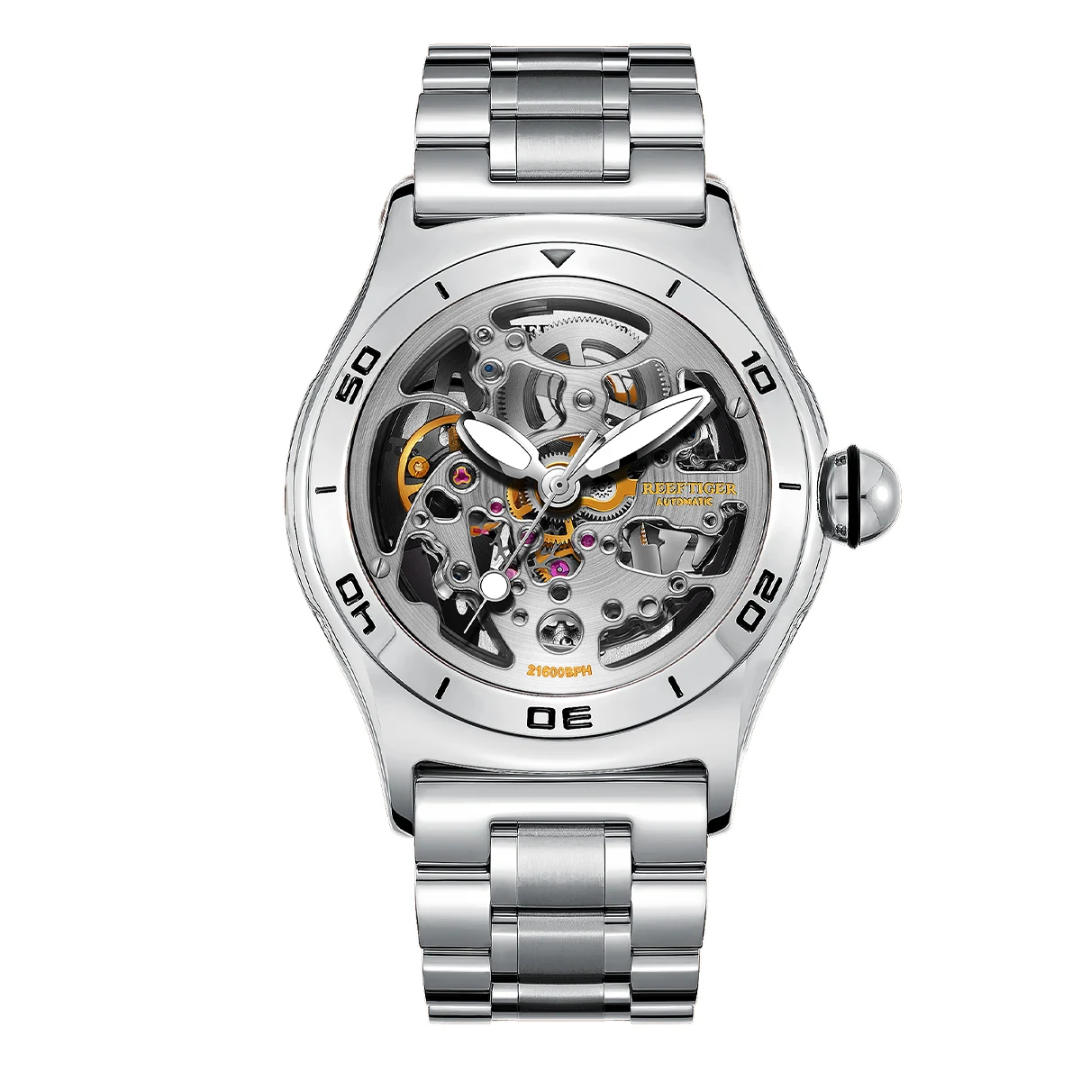 

Reef Tiger/RT Top Brand Luxury Skeleton Automatic Mechanical Watch For Men Steel Sport Bracelet Luminous Clock RGA70S7-2