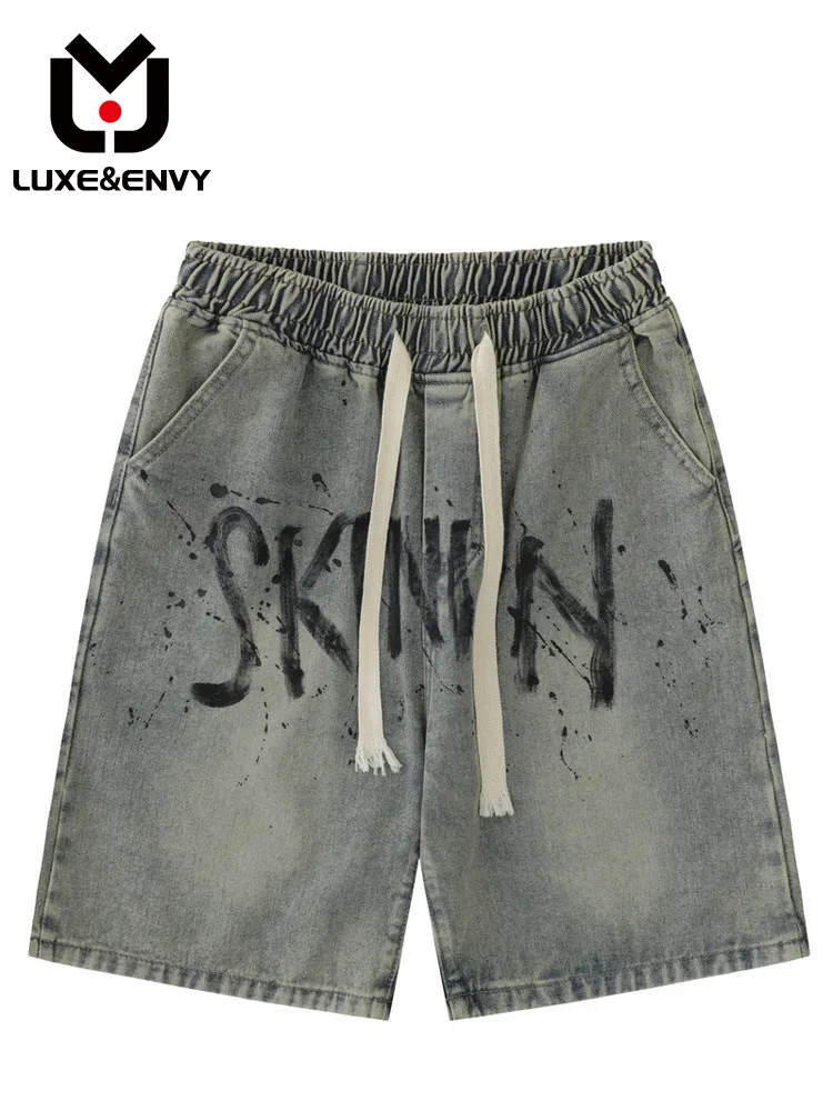 

Джинсовые шорты LUXE & ENVY мужские, винтажные Свободные повседневные брюки с рисунком граффити в уличном стиле, весна-лето 2023