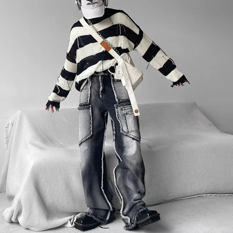 DEEPTOWN Y2K Patchwork Jeans Men Black Denim Designer Pants Punk Streetwear Loose Casual Trousers Male Hip Hop Pocket Spring 4XL