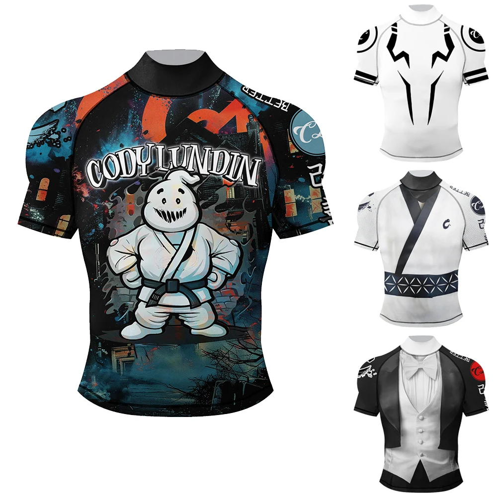 Фото 2025 Новый дизайн Mock Neck Rash Guard Силиконовый подол Мужская спортивная футболка Grappling Gi Jiu Jitsu Рашгард Быстросохнущая UPF 50+ Фитнес-футболка №2