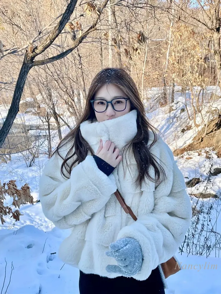 2022 Winter New Mink-like Wool Fur Coat Women's Short Lamb Fur Stand Collar Imitation Rabbit Fur Coats Koean Fashion