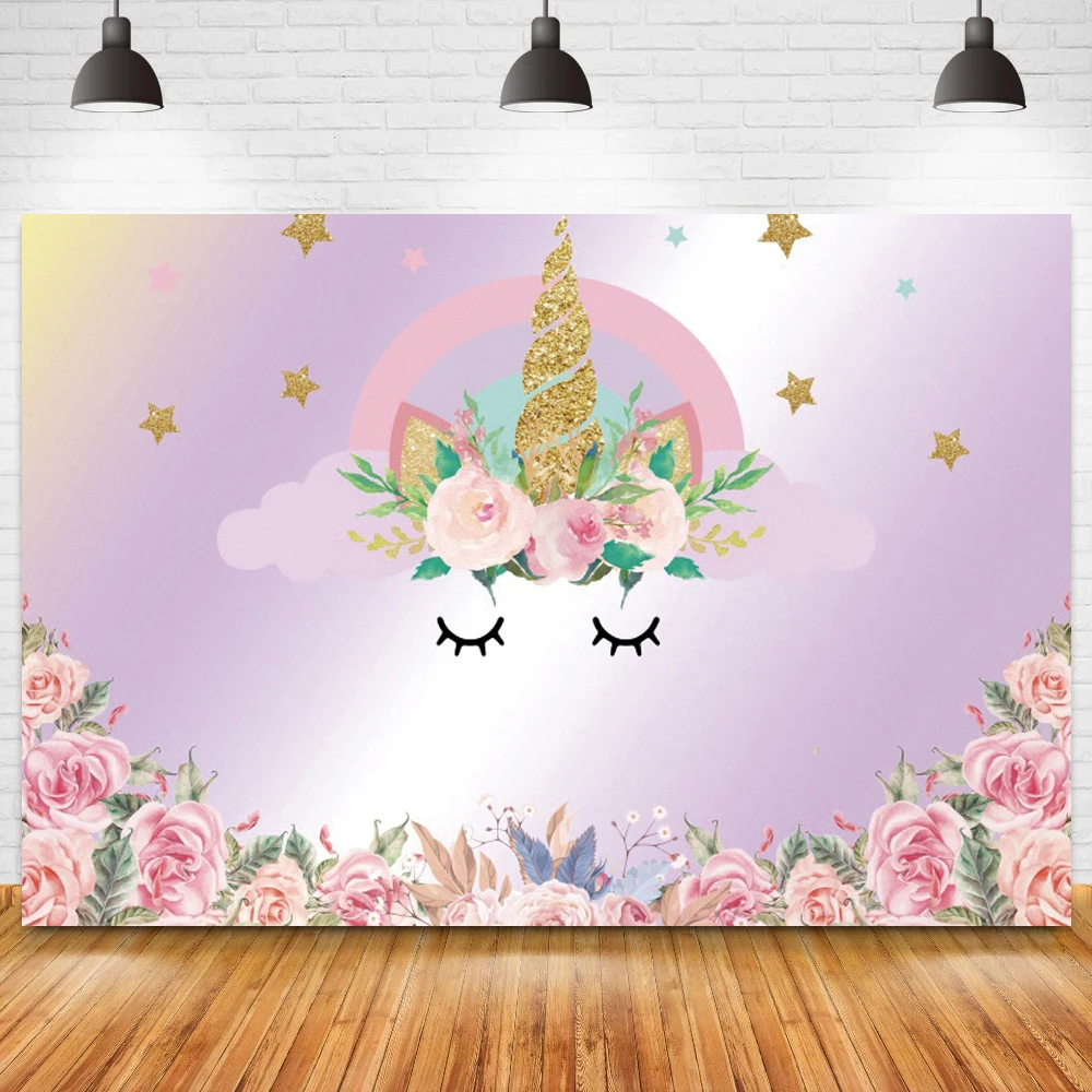 

Floral Unicorn Girl Birthday Photography Backdrops Newborn Baby Shower Customize Princess Backgrounds For Photo Table Door Decor