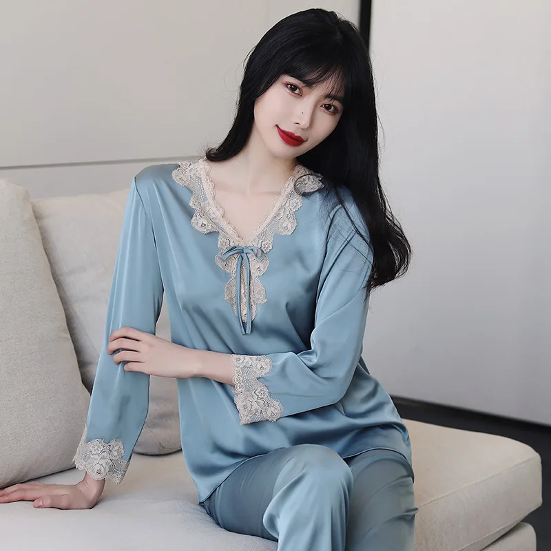 New Spring, Summer and Autumn Thin Type Silk Long Sleeve Lace Casual Women's Ice Silk Pajamas Pullover Pajamas