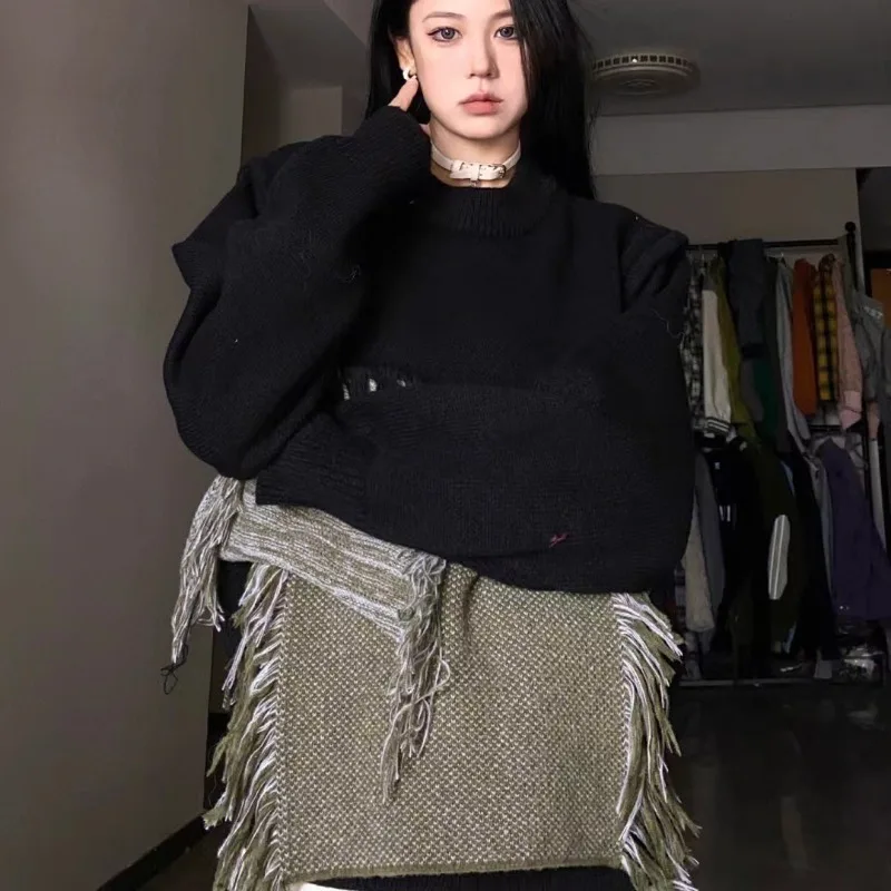 

QWEEK Vintage Sweater Oversize Knit Women's Jumper Korean Streetwear Patchwork O-neck Pullovers Grunge Harajuku Casual Sweaters