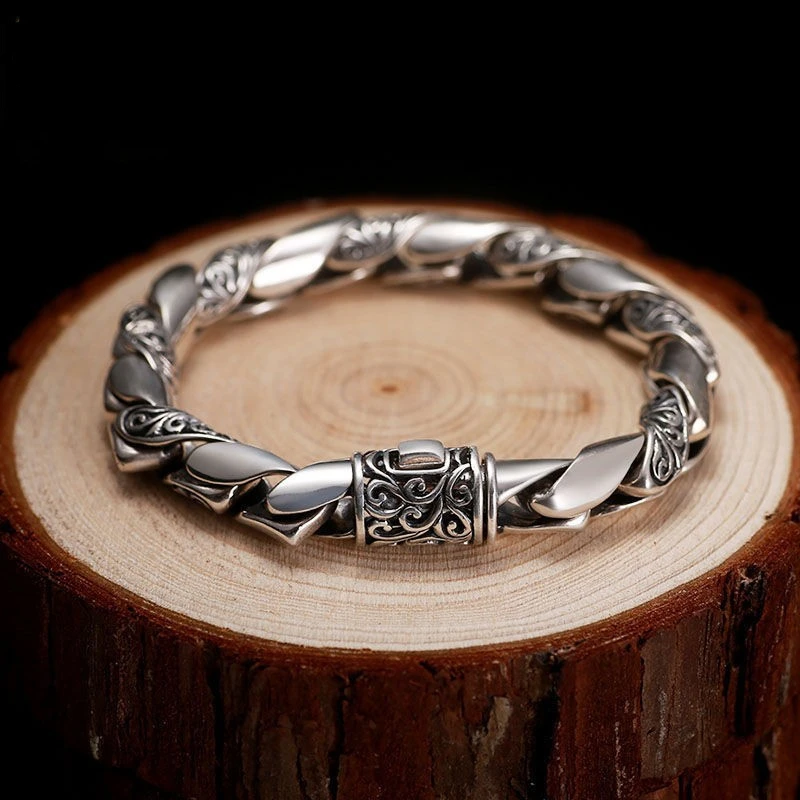 S925 Sterling Silver Jewelry Retro Men's and Women's Bracelet Thai Personalized Tang Grass Pattern Fashion Gift |