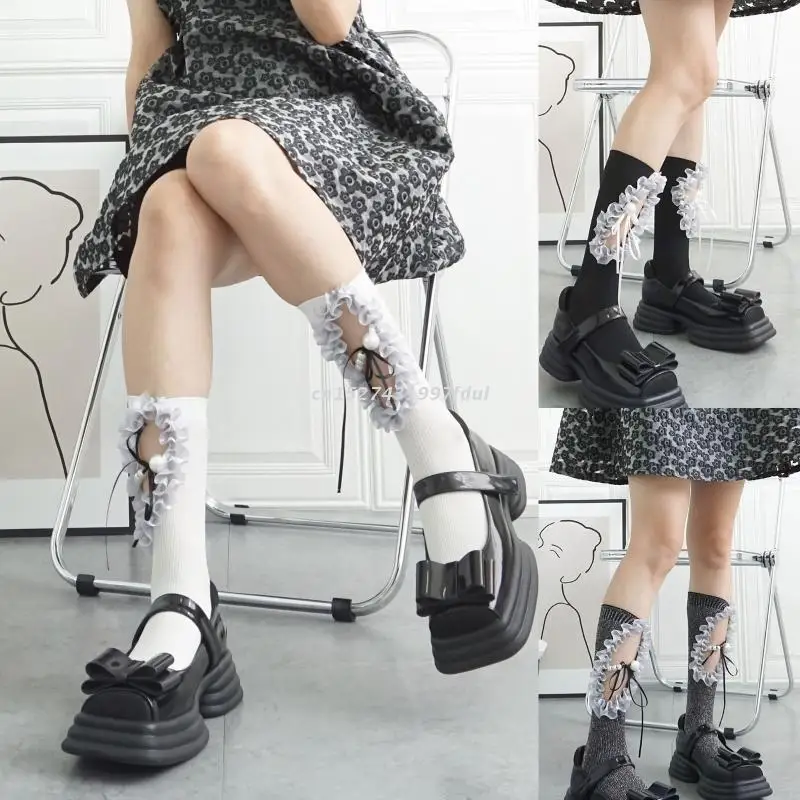 

Women Gothic Lolita Hollow Out Calf Socks Kawaii Ruffled Lace Patchwork Pearl Beaded Ribbon Bowknot Shimmer Stockings