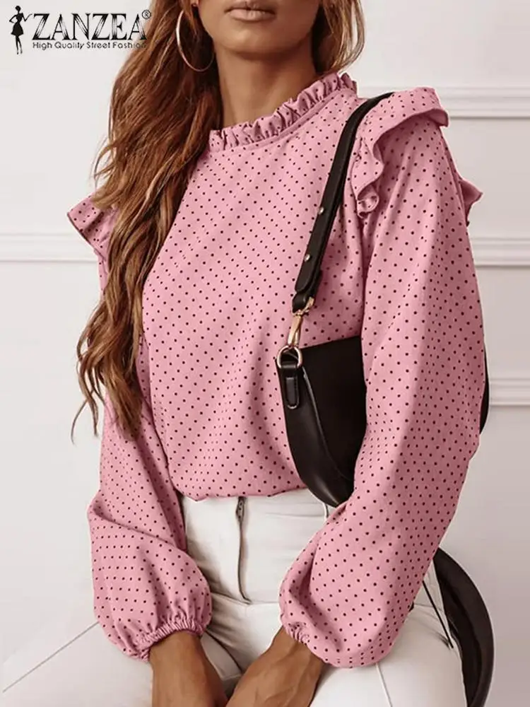 

Elegant Blouse For Women ZANZEA Fashion Long Sleeve Blusas Casual Polka Dot Printed Tops 2022 Spring Ruffle Work Shirts Oversize