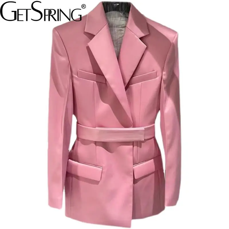 

GETSPRING Women Blazer Bandage Fashion Pink Black Women Blazers And Jackets All Match Vintage Long Suit Coats Women 2022 New