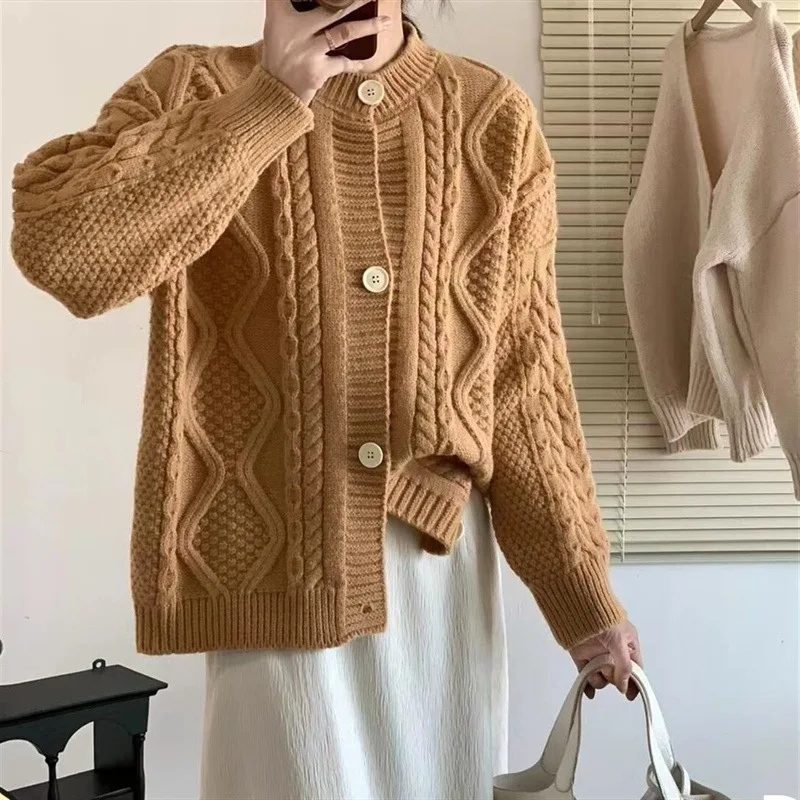

Autumn/winter new thick twisted sweater jacket women's vintage languid knitted cardigan