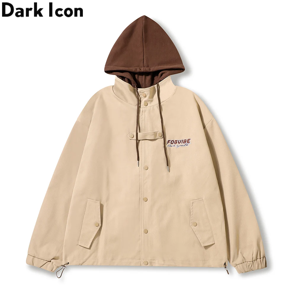 Dark Icon Patchwork Men's Jacket with Hoodie Autumn Jackets for Man Black Khaki