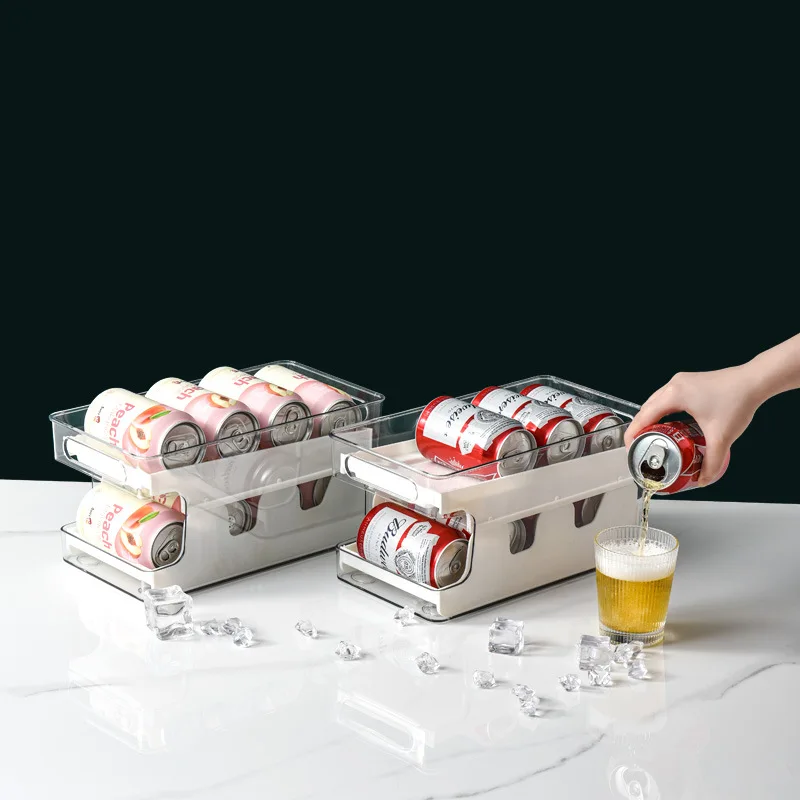 صندوق تخزين الثلاجة طبقة مزدوجة التلقائي المتداول الجرف شفافة البيرة الكولا يمكن التشطيب صندوق تخزين منظم مطبخ