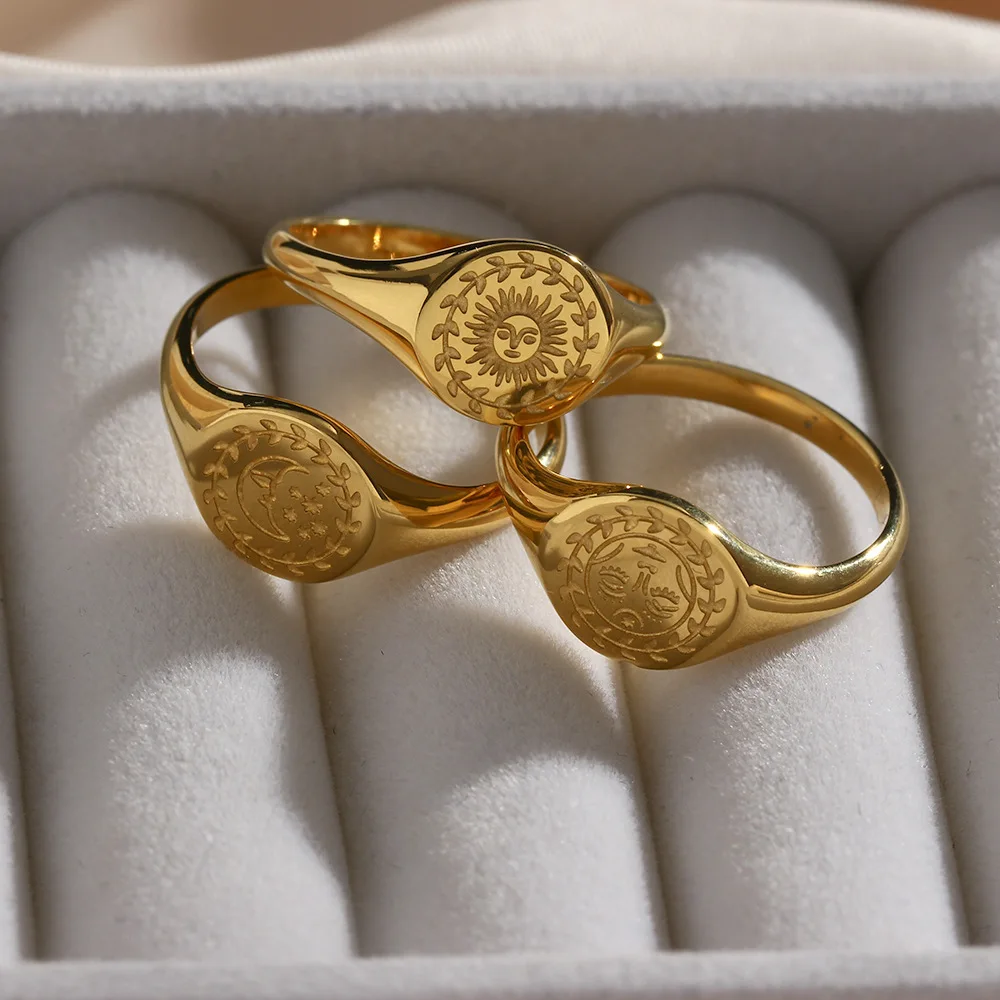 

New Design Creative Eagraved Facial Expression of Moon Sun Star Gold Ring Tarnish Free Stainless Steel Godness Signet Ring