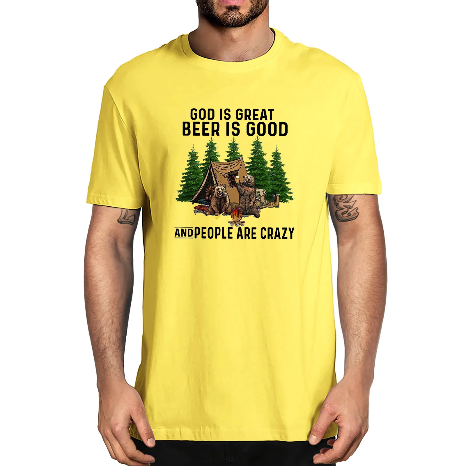 

Bear Camping God is Great Beer is Good People are Crazy Funny Camping Lovers Men's 100% Cotton Novelty T-Shirt Unisex Fashion