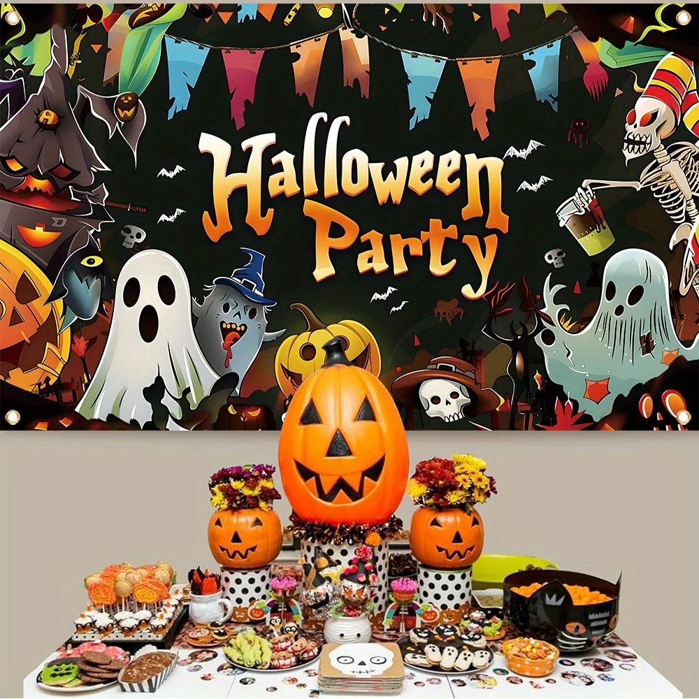 Декоративный баннер на Хэллоуин для фотосессии с тыквенным фонарем призраками и