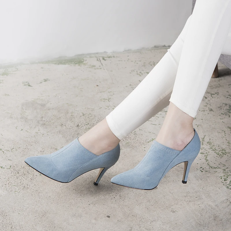 

Женские джинсовые ботильоны без застежек, Голубые ботинки с острым носком на тонком высоком каблуке, 31-44