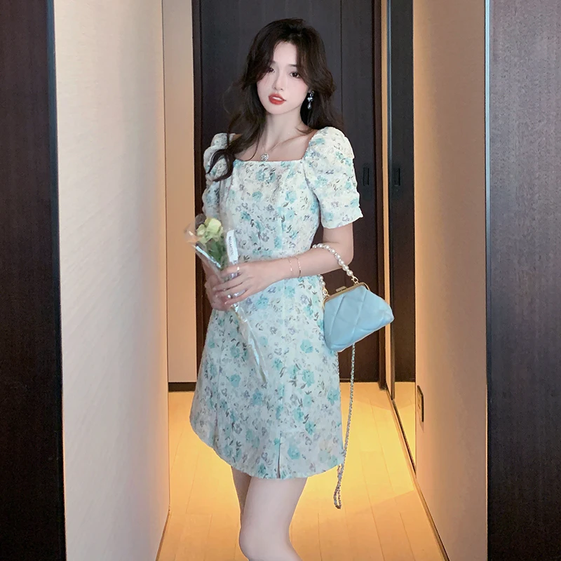 

COIGARSAM Women One Piece Ladies Korea Dress Summer New Floral Print Square Collar Green Dresses Dropshipping