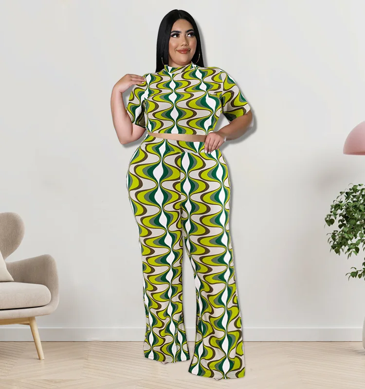 

Summer Two Piece Sets Womens Outifits Plus Size 4XL 5XL Short Sleeve Tops and Wide Leg Pants Printed 2 Piece Female Set Clothing