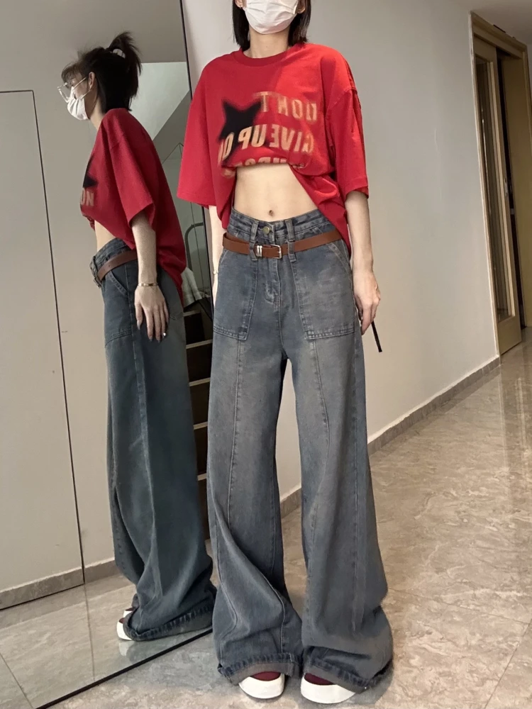 ADAgirl Vintage Blue Wide Leg Jeans Women Y2k Street Casual Pocket Loose Straight High Waist Denim Trousers Harajuku Mujer Pants