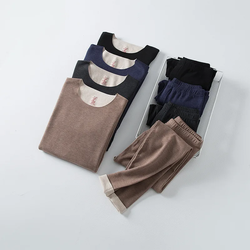 New Autumn and Winter Men's Autumn Clothes and Pants Set Thickened Warm Darlon Pajama Set Thermal Underwear Solid Color Men