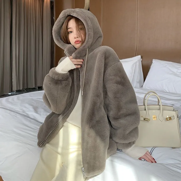 2022 New Winter Women's Lamb Wool Thick Coat Fashion Women's Loose Thick Coat Solid Color Winter Temperament Women's Fur Coat