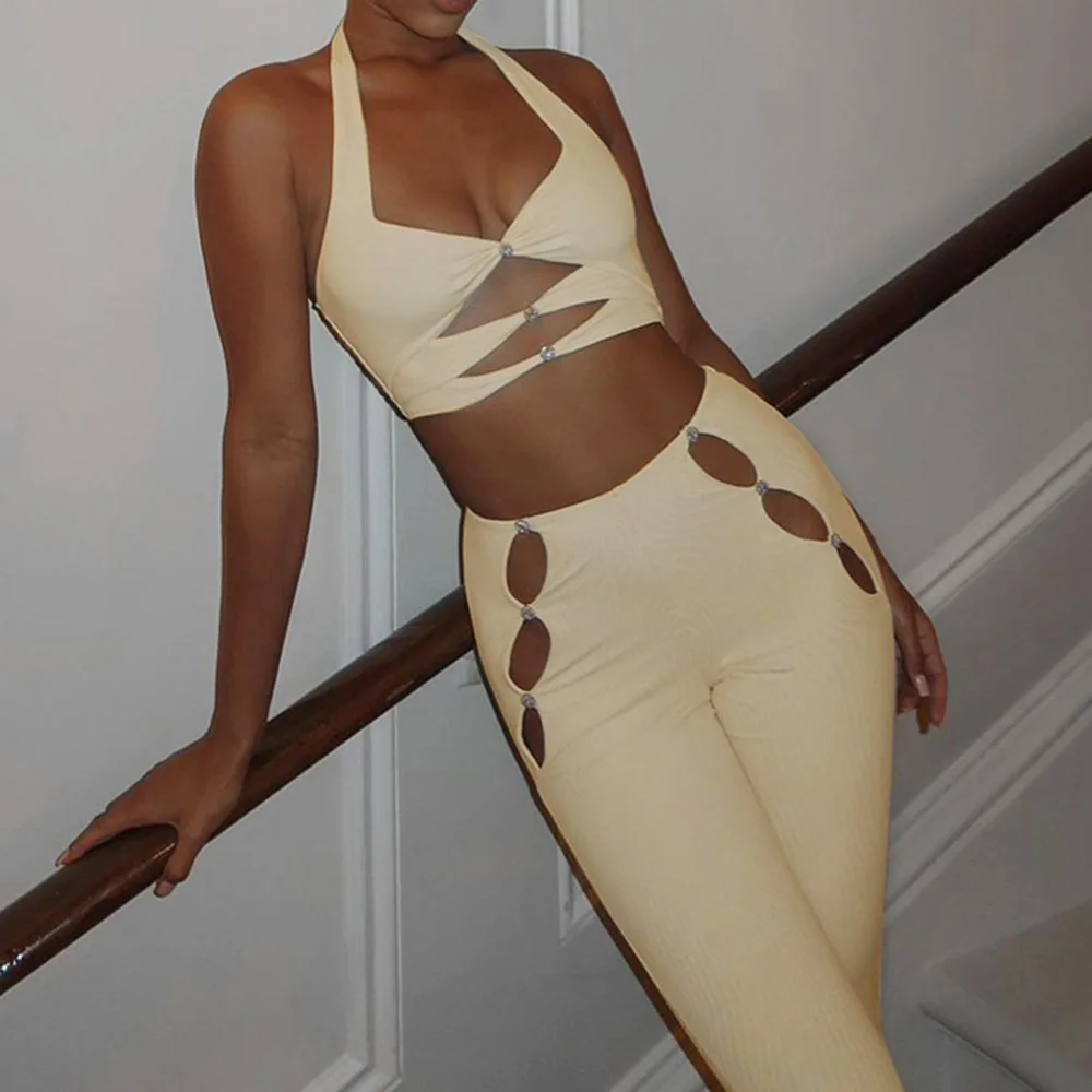 

2022 Summer Women's Fashion Sexy Hollow Vest Cropped Top And Flared Pants 2 Pieces Set Solid Black Button Trousers Suit Clubwear