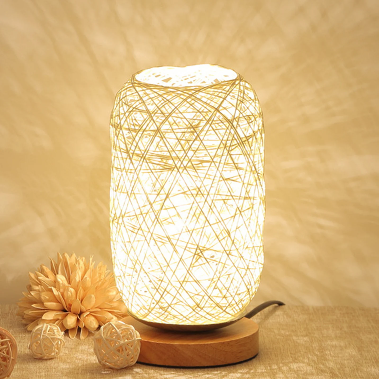 

Bedside LED Table Lamp Modern USB Powered Rustic Rattan Lampshade Wood Base for Household Bedroom Ornament