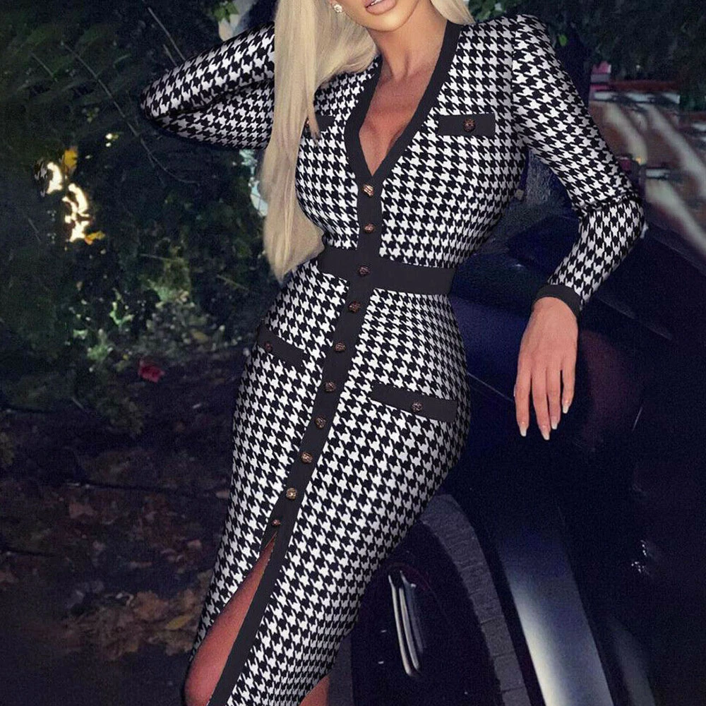 

Women Houndstooth Print Split Dress Sexy Deep V-neck Button Party Dresses Spring Autumn Long Sleeve Bodycon Office Lady Dresses