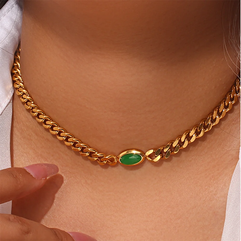 

Trendy Stainless Steel 18K Gold Plated 6.3mm Cuban Chain Choker Necklace Vintage Oval Shaped Green Stone Necklace for Women