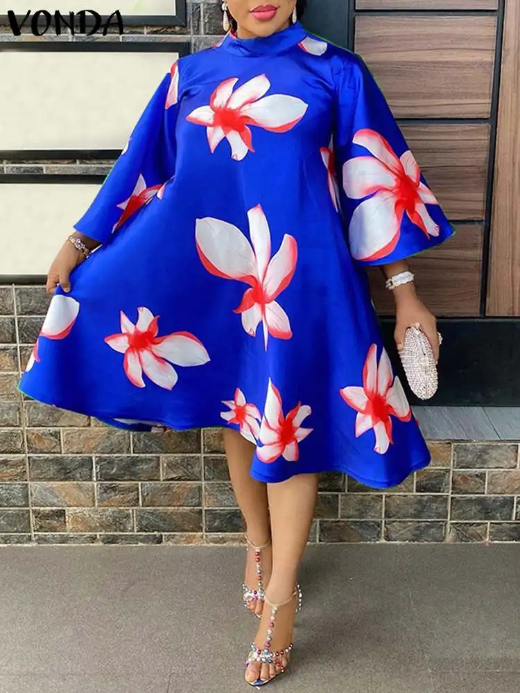 

VONDA 2022 Stylish Femme Party A-Line Dresses Loose Holiday Midi Sundress Casual Polyester Vestido Women 3/4 Sleeve Printed Robe