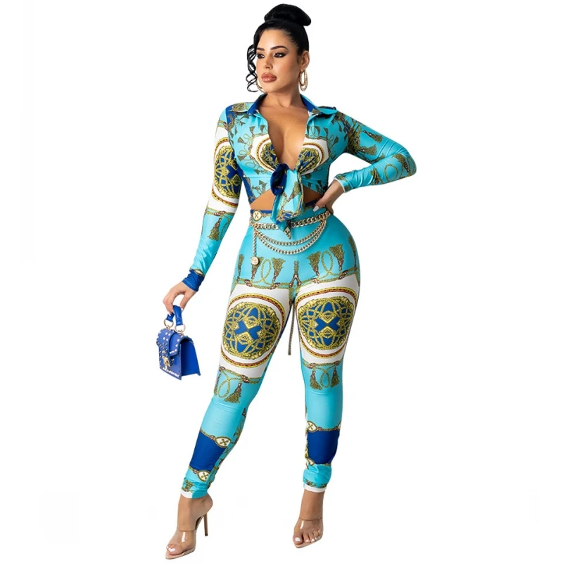 

Женский комплект из 2 предметов с принтом, блузка с длинным рукавом и облегающие брюки