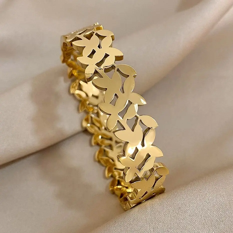 Модный браслет-манжета из нержавеющей стали с цветочными листьями для женщин