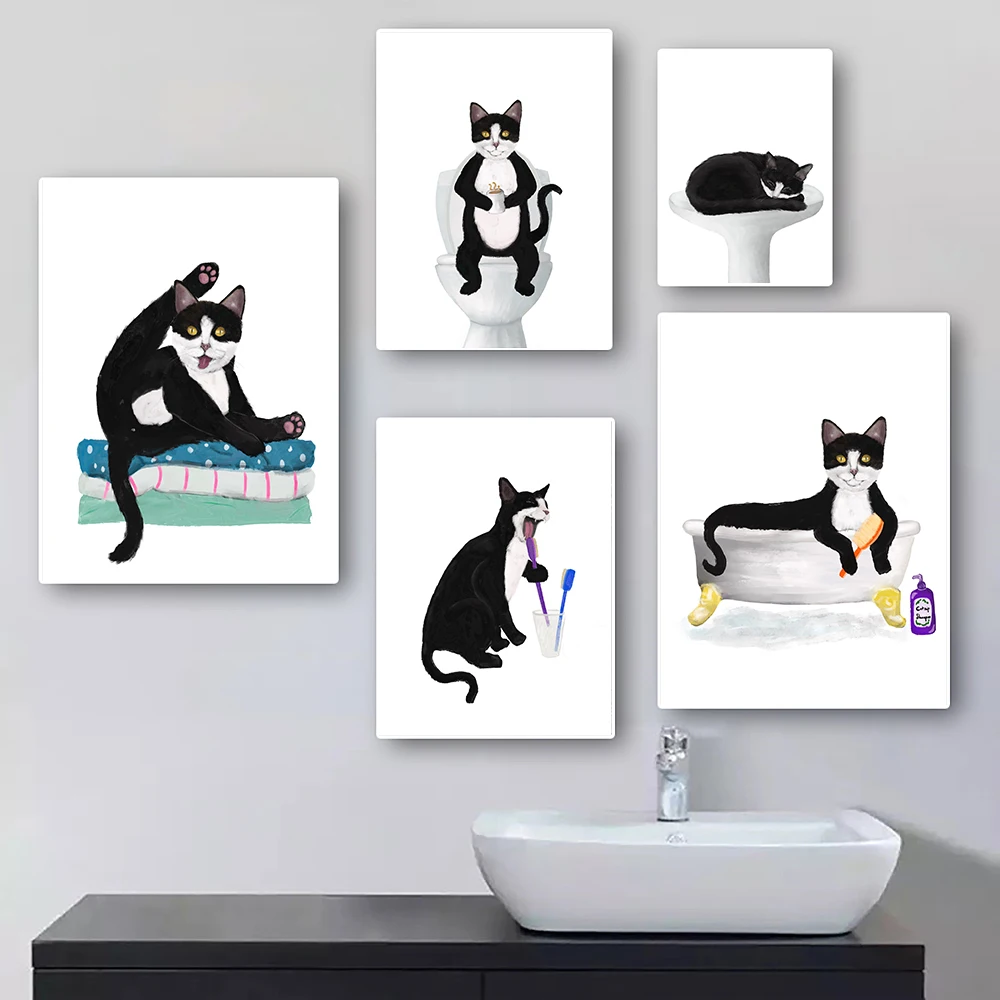 

Tuxedo Cat Bathroom Wall Art Pictures Fun Black and White Cat in Bath Canvas Painting Toilet Cat Lover Gift Poster Prints Decor