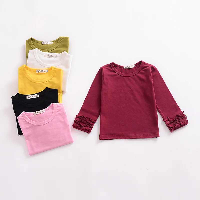 

1-5years Kids Baby Girls T-shirt Clothes Basic Classic Solid Color Ruffle Cuff Long Sleeve Soft Cotton T-Shirt Tops Layering Tee