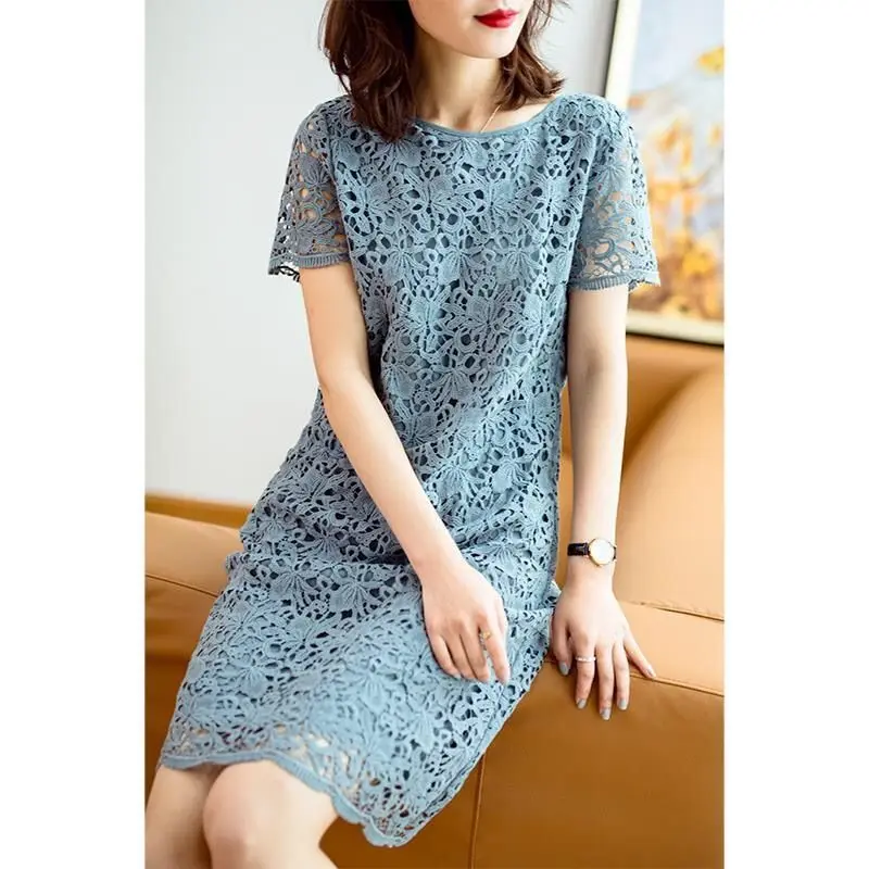 

Lace Blue Dress Women's Spring/summer 2023 New Style Cutout Lace Mid Length Short Sleeve Straight Barrel Skirt