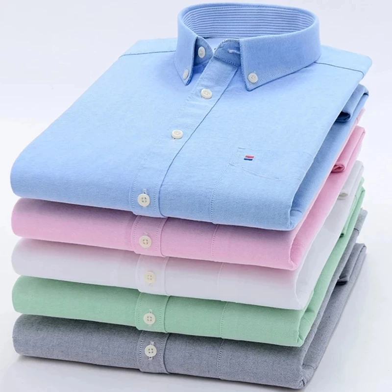 Cotton Oxford Shirt Men's Long Sleeve Fashion Casual Single Patch Pocket Dress Shirt Men Standard-Fit Button-Down Collar Shirts