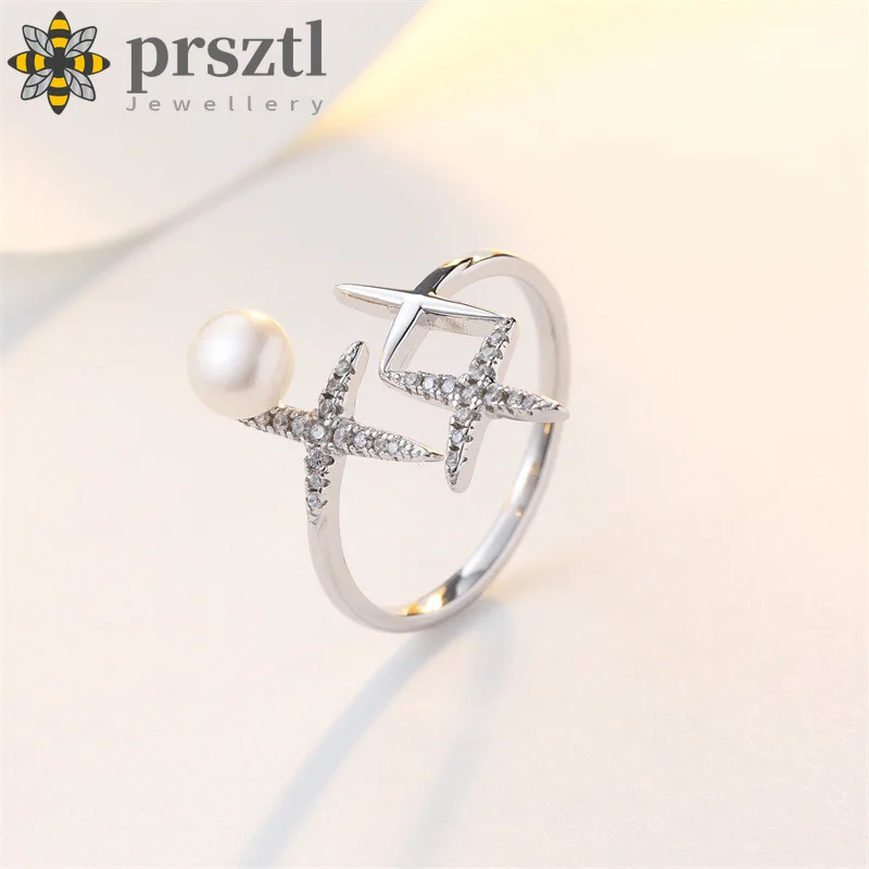 

Prsztl Pearl Slightly Inlaid Four Pointed Star Ring Female Light Extravagant Opening Adjustable Simple Minority Temperament Ring