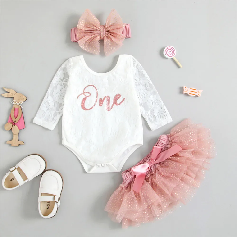 

Baby Girl Birthday Clothes Set White Lace Bodysuit Romper Pink Tulle Tutu Skirt Headband 6-30M Newborn Infant Party Outfits New