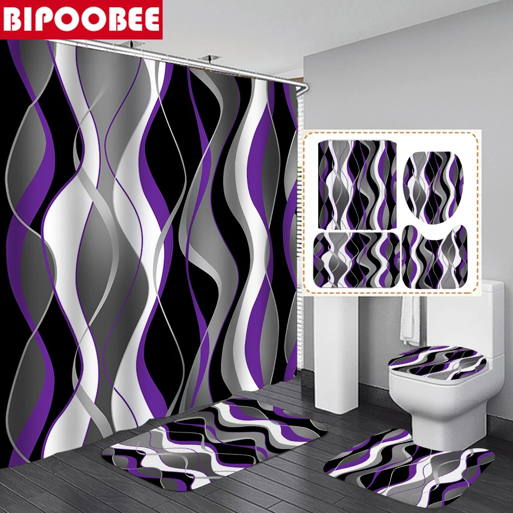 

Purple Striped Printed Shower Curtain Bathroom Curtains Geometric Wavy Bath Mat Rugs Non-Slip Carpet Toilet Lid Cover Home Decor