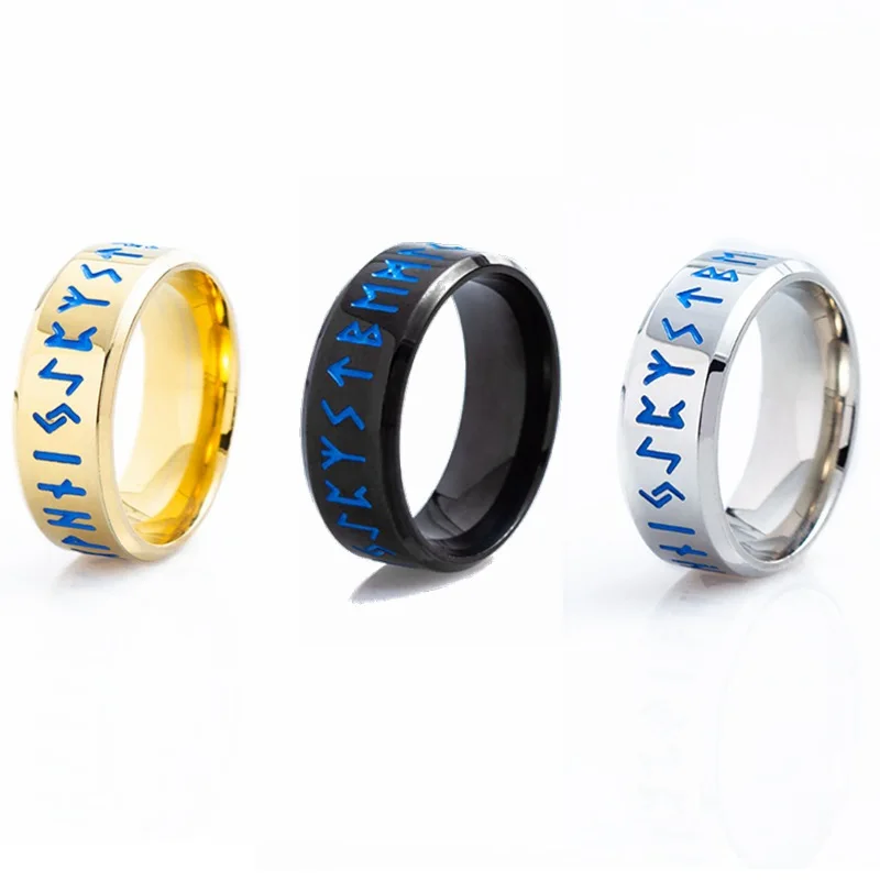 

8mm Men Ring Stainless Steel Fashion Style MEN Double Letter Rune Words Odin Norse Viking Amulet RETRO Rings Jewelry Wholesale