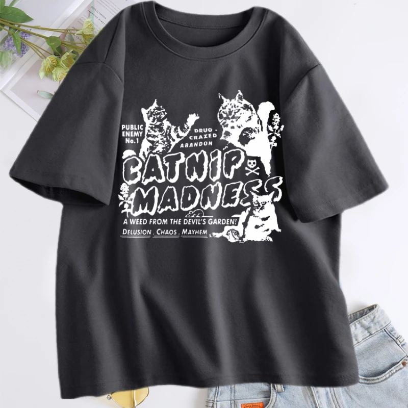 

Women T Shirt Cat Graphic Print Catnip Madness Cute Kitten Funny Cat Pet Humor T-shirts Summer Cotton Kawaii Tee Female Clothing