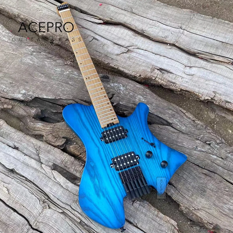 

Acepro Headless Electric Guitar Stainless Steel Frets Blue Color Ash Body Roast Maple Neck Black Hardware Humbucker Pickups