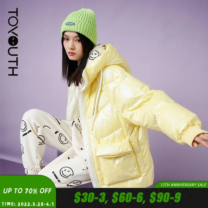 

Toyouth Women Down Jacket with Hat 2021 Winter Thick Gloss Sensation Big Pockets 90% White Duck Down Warm Chic Casual Coats