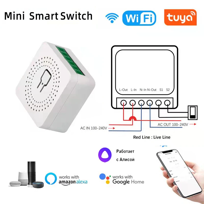  Умный мини-выключатель с поддержкой Wi-Fi, 10 А, 16 А 