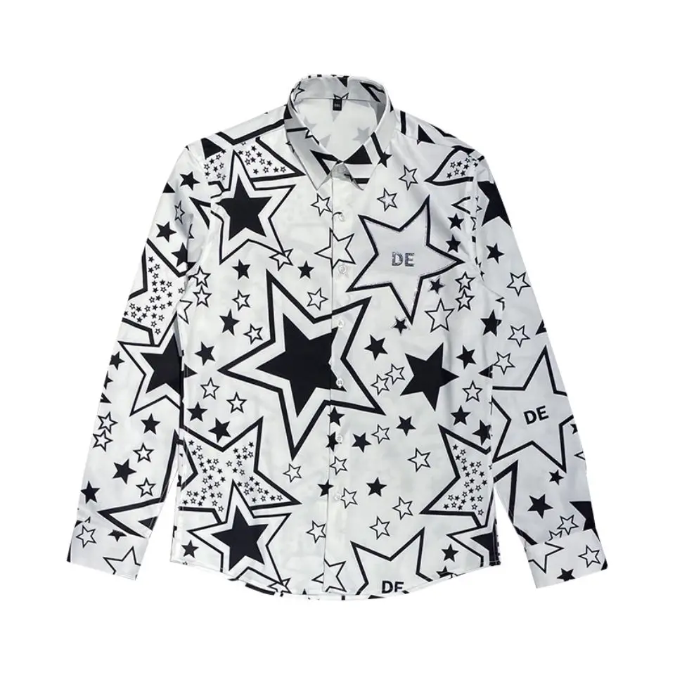 Korean fashion slim handsome flower shirt men's fashion brand fashion personality star printing long sleeve shirt