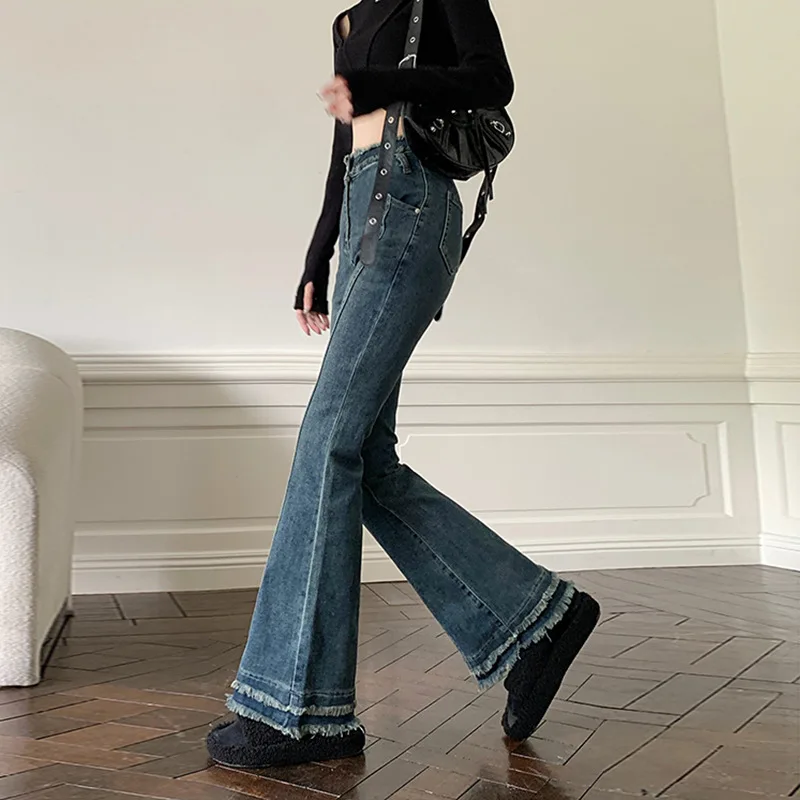 

Design Sense Raw Hem Jeans Female Spring plus Size Fat Sister mm High Waist Cover Slim Hot Girl Bootcut Pants