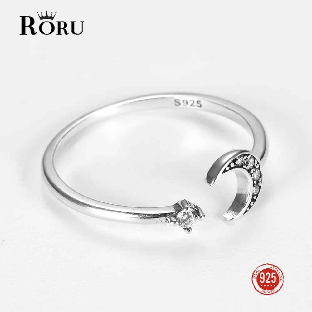 

Real 925 Silver Ring Finger Moon & Star CZ Cocktail Adjustable Free Size Fine Vintage Gift Jewelry for Female Women 2021 New