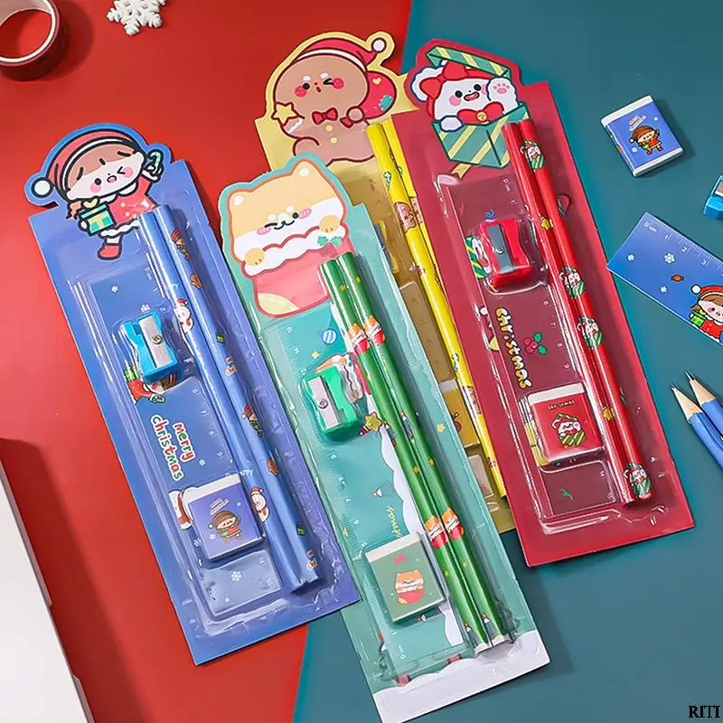 

Рождественский карандаш, ластик, линейка, набор канцелярских принадлежностей для студентов, набор из пяти предметов для детей дошкольного ...